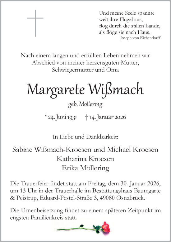 Traueranzeige von Margarete Wißmach von Neue Osnabrücker Zeitung GmbH & Co. KG