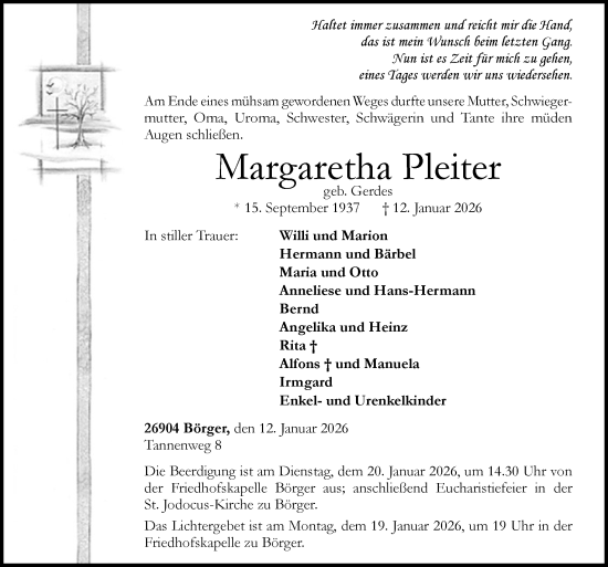 Traueranzeige von Margaretha Pleiter von Neue Osnabrücker Zeitung GmbH & Co. KG