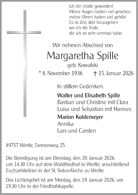 Traueranzeige von Margaretha Spille von Neue Osnabrücker Zeitung GmbH & Co. KG
