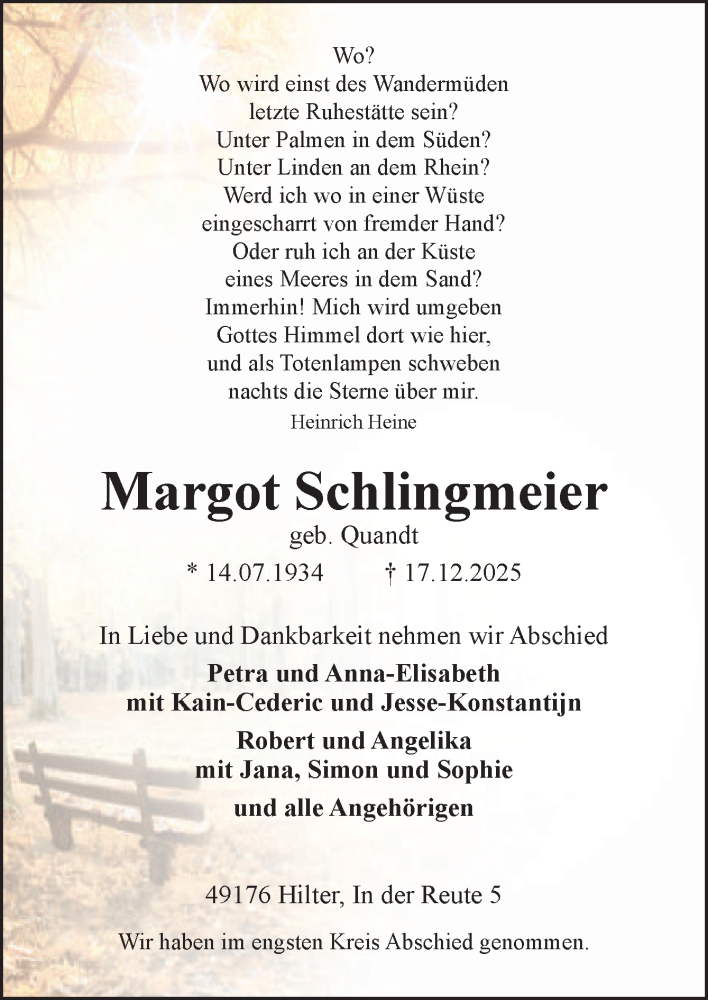  Traueranzeige für Margot Schlingmeier vom 10.01.2026 aus Neue Osnabrücker Zeitung GmbH & Co. KG