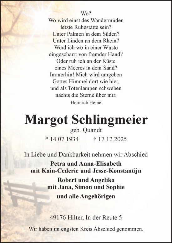 Traueranzeige von Margot Schlingmeier von Neue Osnabrücker Zeitung GmbH & Co. KG