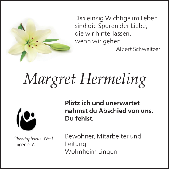 Traueranzeige von Margret Hermeling von Neue Osnabrücker Zeitung GmbH & Co. KG