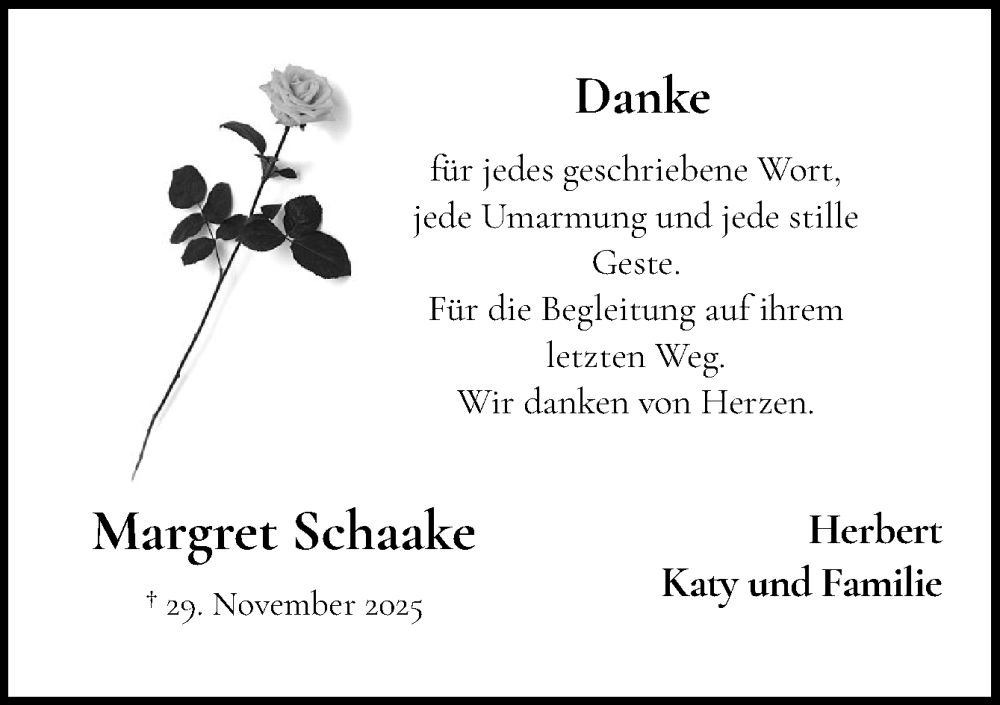  Traueranzeige für Margret Schaake vom 10.01.2026 aus DK Medien GmbH & Co. KG