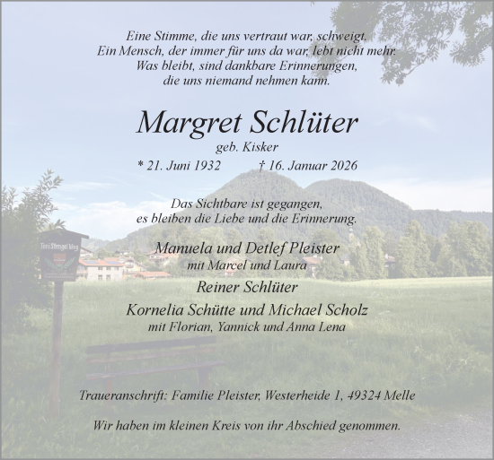 Traueranzeige von Margret Schlüter von Neue Osnabrücker Zeitung GmbH & Co. KG
