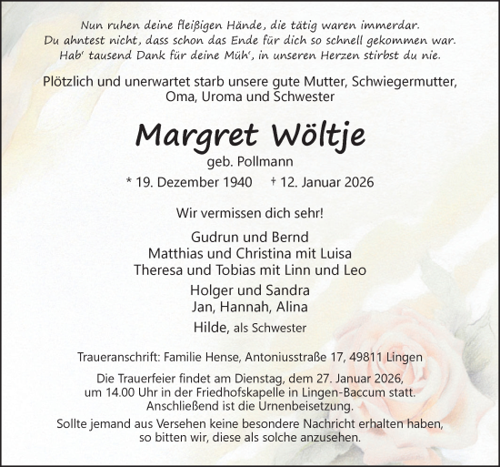 Traueranzeige von Margret Wöltje von Neue Osnabrücker Zeitung GmbH & Co. KG