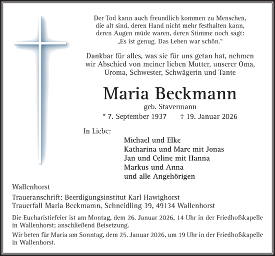 Traueranzeige von Maria Beckmann von Neue Osnabrücker Zeitung GmbH & Co. KG