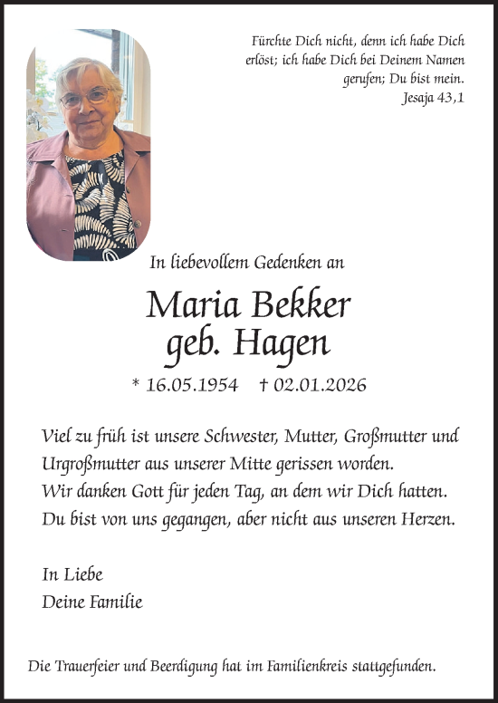 Traueranzeige von Maria Bekker von Neue Osnabrücker Zeitung GmbH & Co. KG