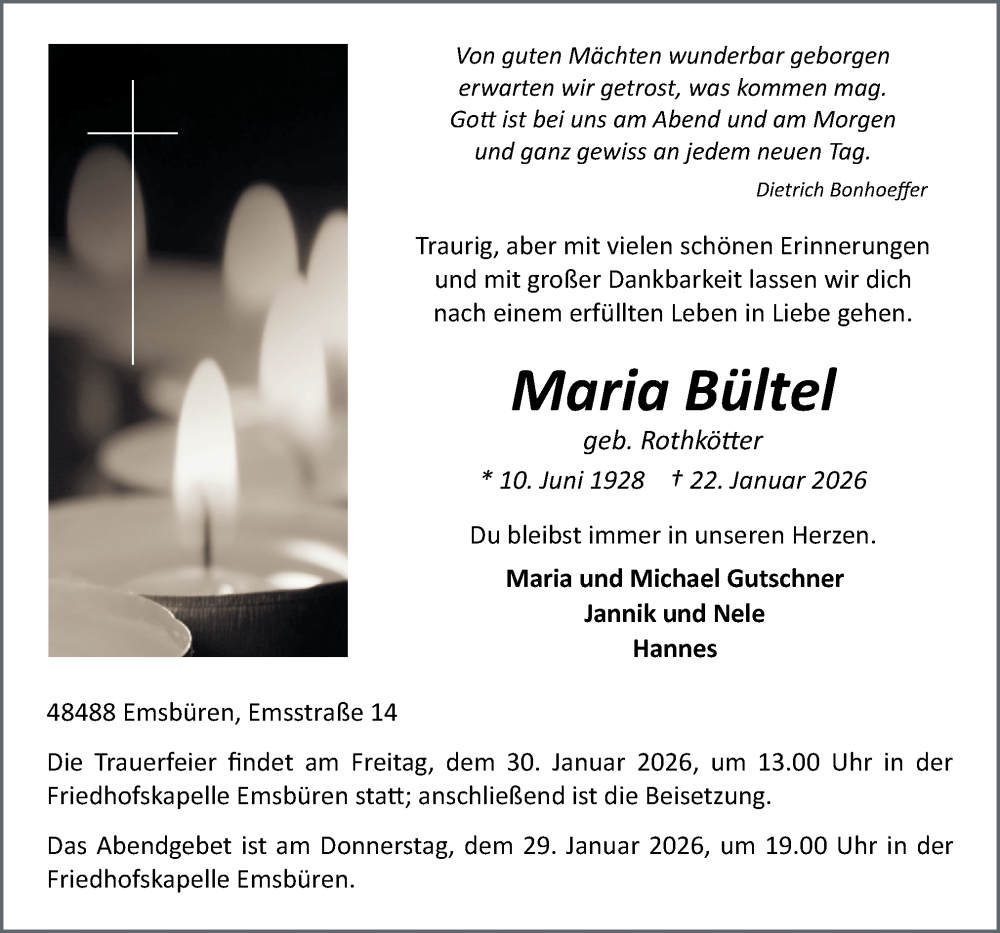  Traueranzeige für Maria Bültel vom 24.01.2026 aus Neue Osnabrücker Zeitung GmbH & Co. KG