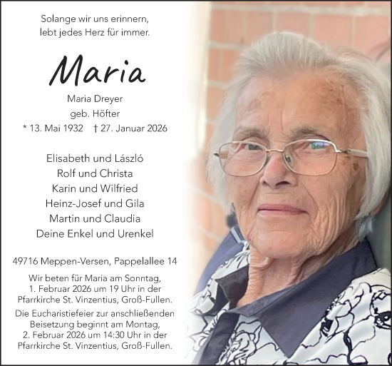 Traueranzeige von Maria Dreyer von Neue Osnabrücker Zeitung GmbH & Co. KG