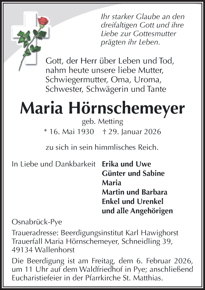  Traueranzeige für Maria Hörnschemeyer vom 31.01.2026 aus Neue Osnabrücker Zeitung GmbH & Co. KG