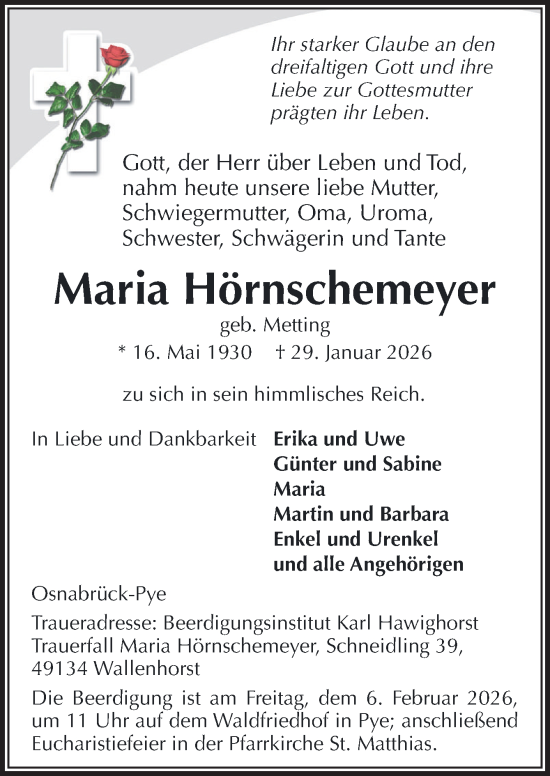 Traueranzeige von Maria Hörnschemeyer von Neue Osnabrücker Zeitung GmbH & Co. KG
