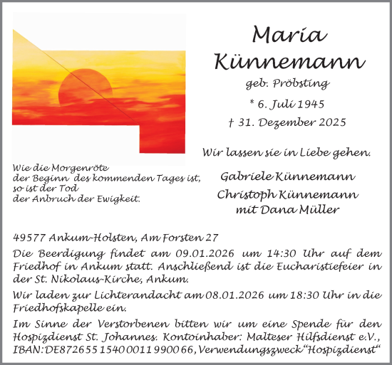 Traueranzeige von Maria Künnemann von Neue Osnabrücker Zeitung GmbH & Co. KG