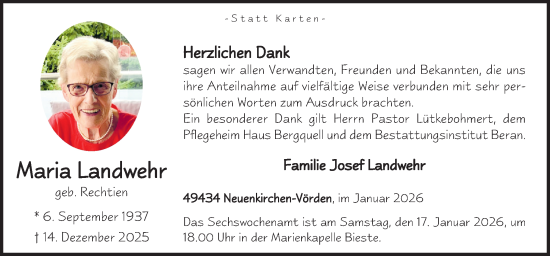 Traueranzeige von Maria Landwehr von Neue Osnabrücker Zeitung GmbH & Co. KG