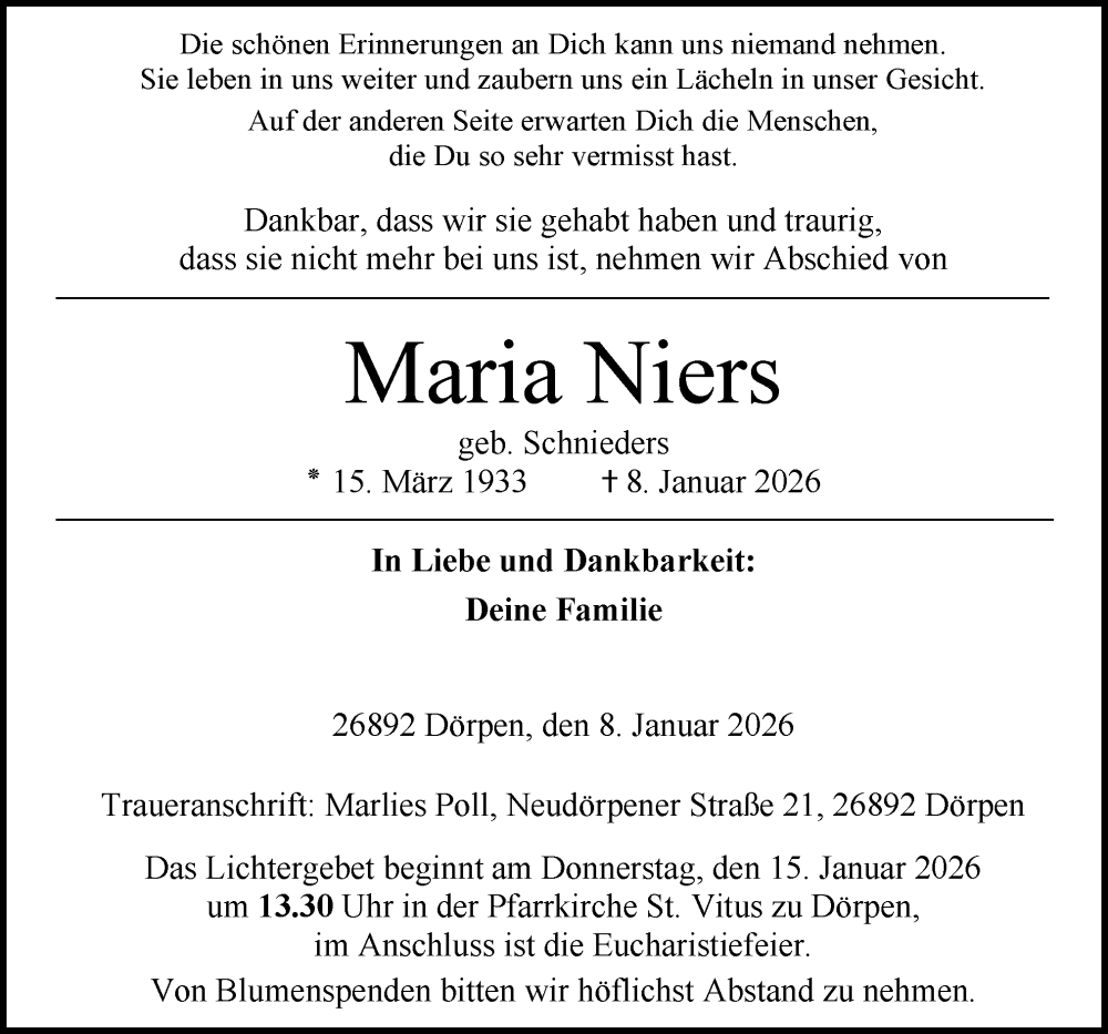  Traueranzeige für Maria Niers vom 12.01.2026 aus Neue Osnabrücker Zeitung GmbH & Co. KG