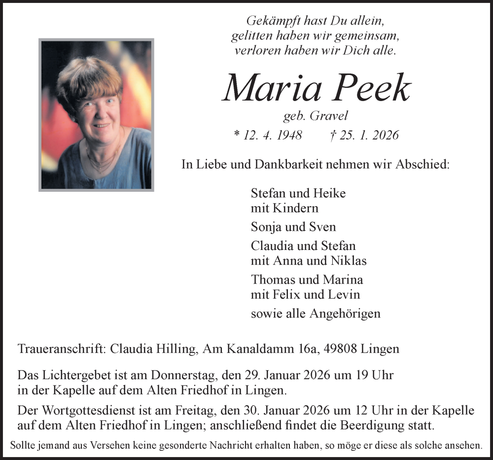 Traueranzeige für Maria Peek vom 28.01.2026 aus Neue Osnabrücker Zeitung GmbH & Co. KG