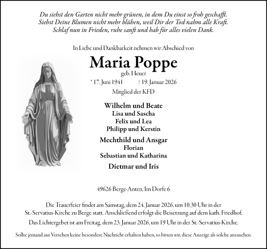 Traueranzeige von Maria Poppe von Neue Osnabrücker Zeitung GmbH & Co. KG