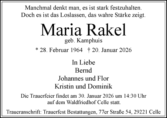 Traueranzeige von Maria Rakel von Neue Osnabrücker Zeitung GmbH & Co. KG