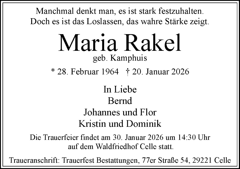  Traueranzeige für Maria Rakel vom 24.01.2026 aus Neue Osnabrücker Zeitung GmbH & Co. KG