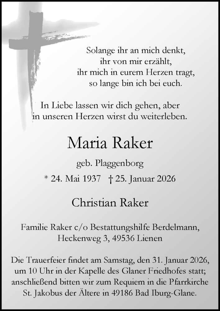  Traueranzeige für Maria Raker vom 28.01.2026 aus Neue Osnabrücker Zeitung GmbH & Co. KG
