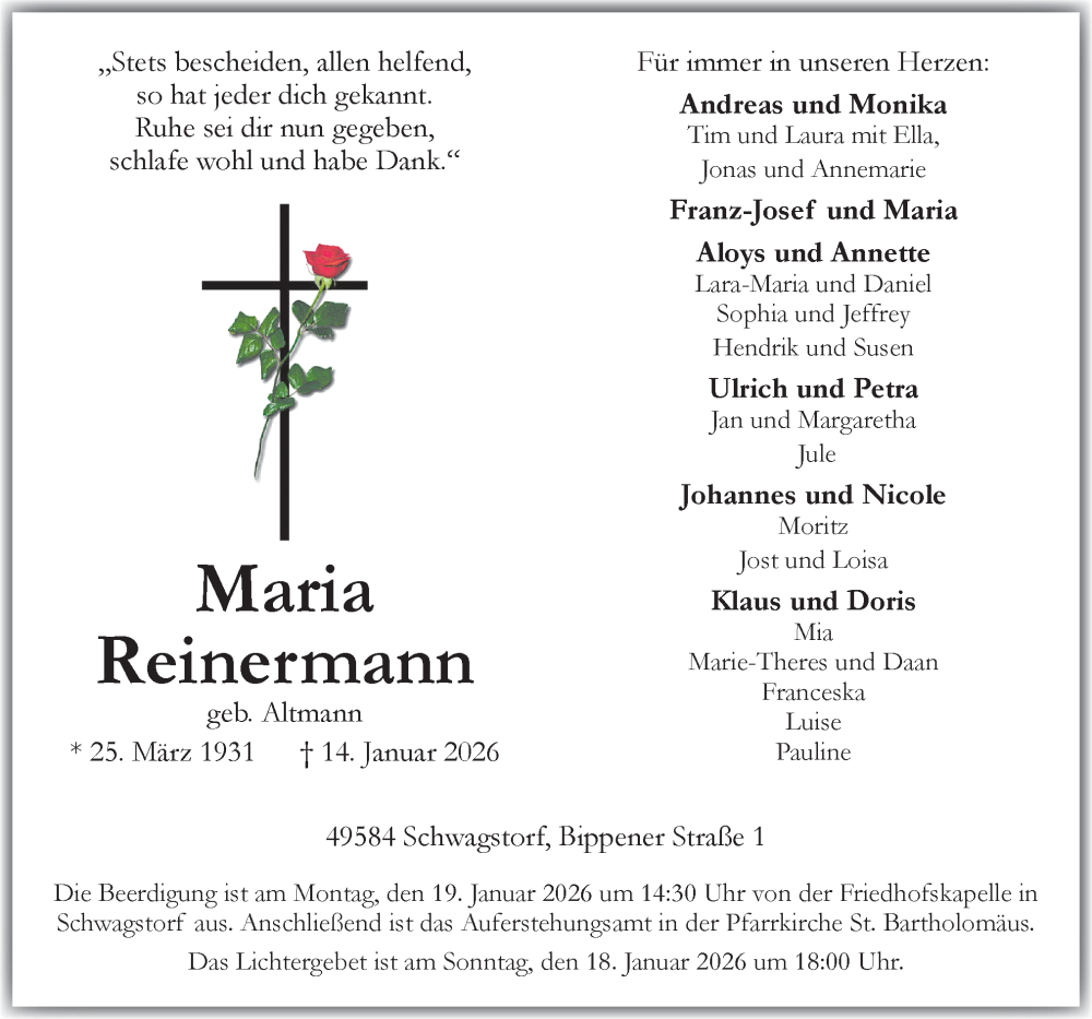  Traueranzeige für Maria Reinermann vom 16.01.2026 aus Neue Osnabrücker Zeitung GmbH & Co. KG