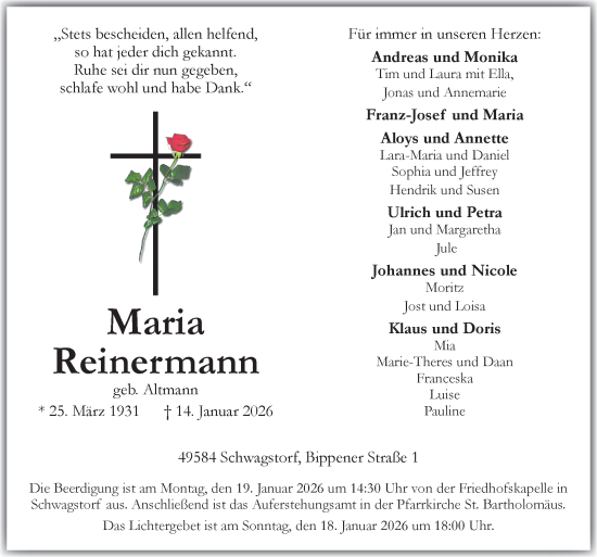 Traueranzeige von Maria Reinermann von Neue Osnabrücker Zeitung GmbH & Co. KG