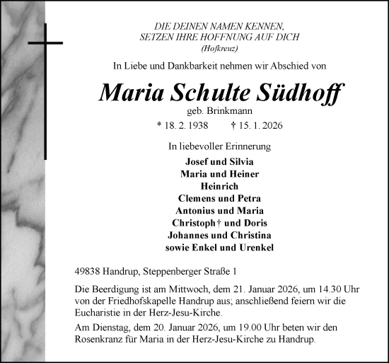 Traueranzeige von Maria Schulte Südhoff von Neue Osnabrücker Zeitung GmbH & Co. KG