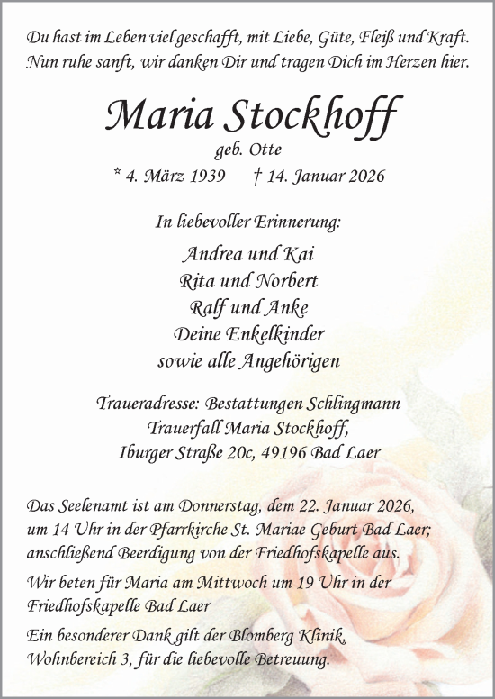 Traueranzeige von Maria Stockhoff von Neue Osnabrücker Zeitung GmbH & Co. KG