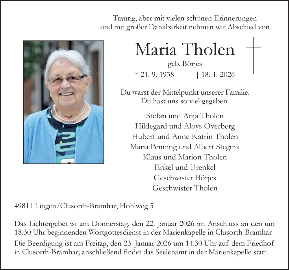  Traueranzeige für Maria Tholen vom 21.01.2026 aus Neue Osnabrücker Zeitung GmbH & Co. KG