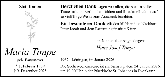 Traueranzeige von Maria Timpe von Neue Osnabrücker Zeitung GmbH & Co. KG