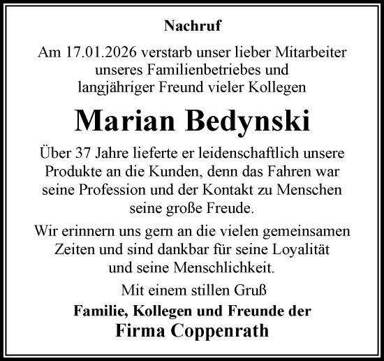 Traueranzeige von Marian Bedynski von Neue Osnabrücker Zeitung GmbH & Co. KG