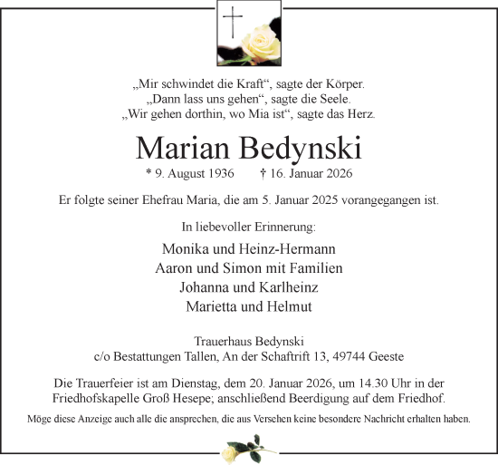 Traueranzeige von Marian Bedynski von Neue Osnabrücker Zeitung GmbH & Co. KG