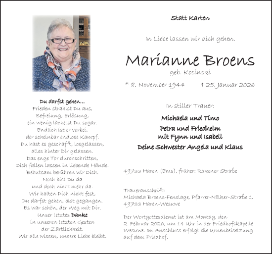 Traueranzeige von Marianne Broens von Neue Osnabrücker Zeitung GmbH & Co. KG