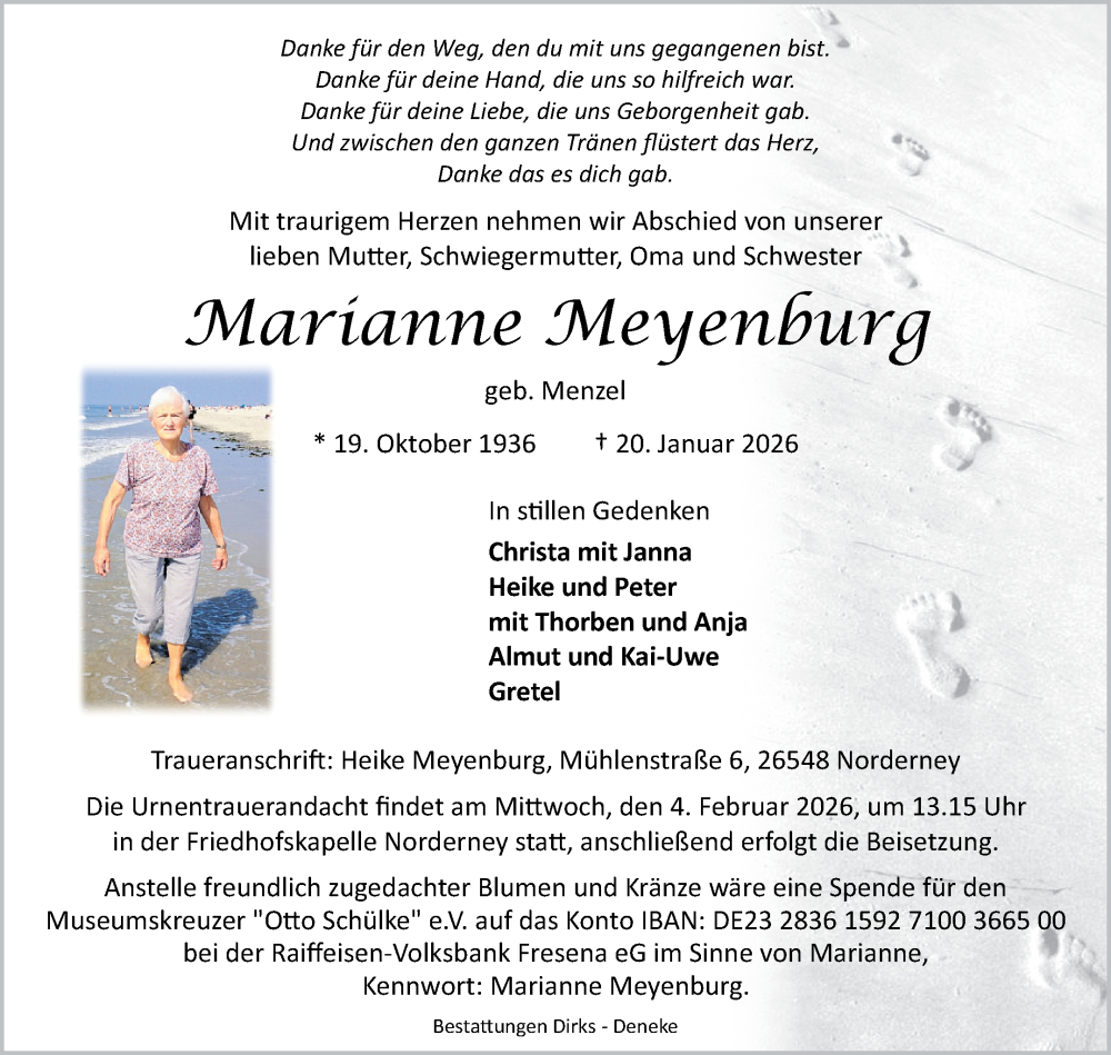  Traueranzeige für Marianne Meyenburg vom 24.01.2026 aus Ostfriesischer Kurier GmbH
