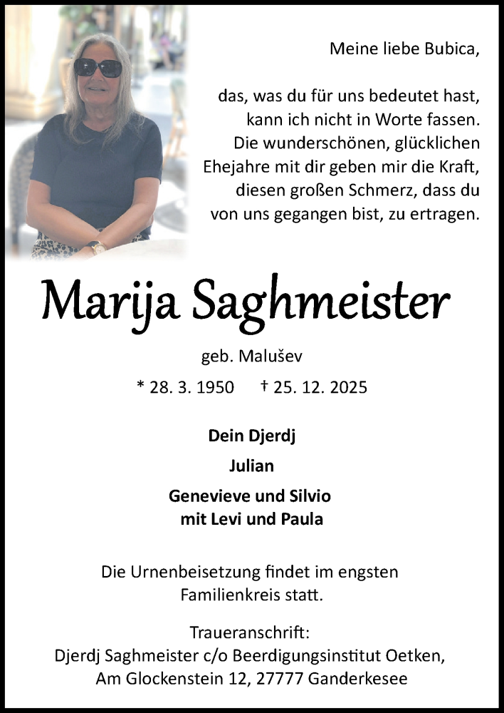  Traueranzeige für Marija Saghmeister vom 03.01.2026 aus DK Medien GmbH & Co. KG