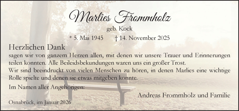  Traueranzeige für Marlies Frommholz vom 03.01.2026 aus Neue Osnabrücker Zeitung GmbH & Co. KG