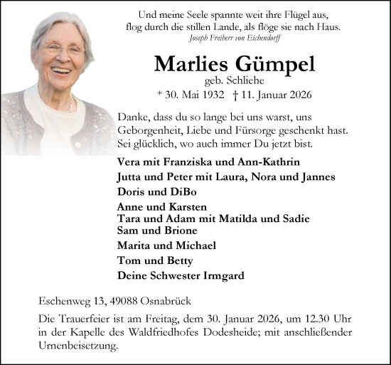 Traueranzeige von Marlies Gümpel von Neue Osnabrücker Zeitung GmbH & Co. KG