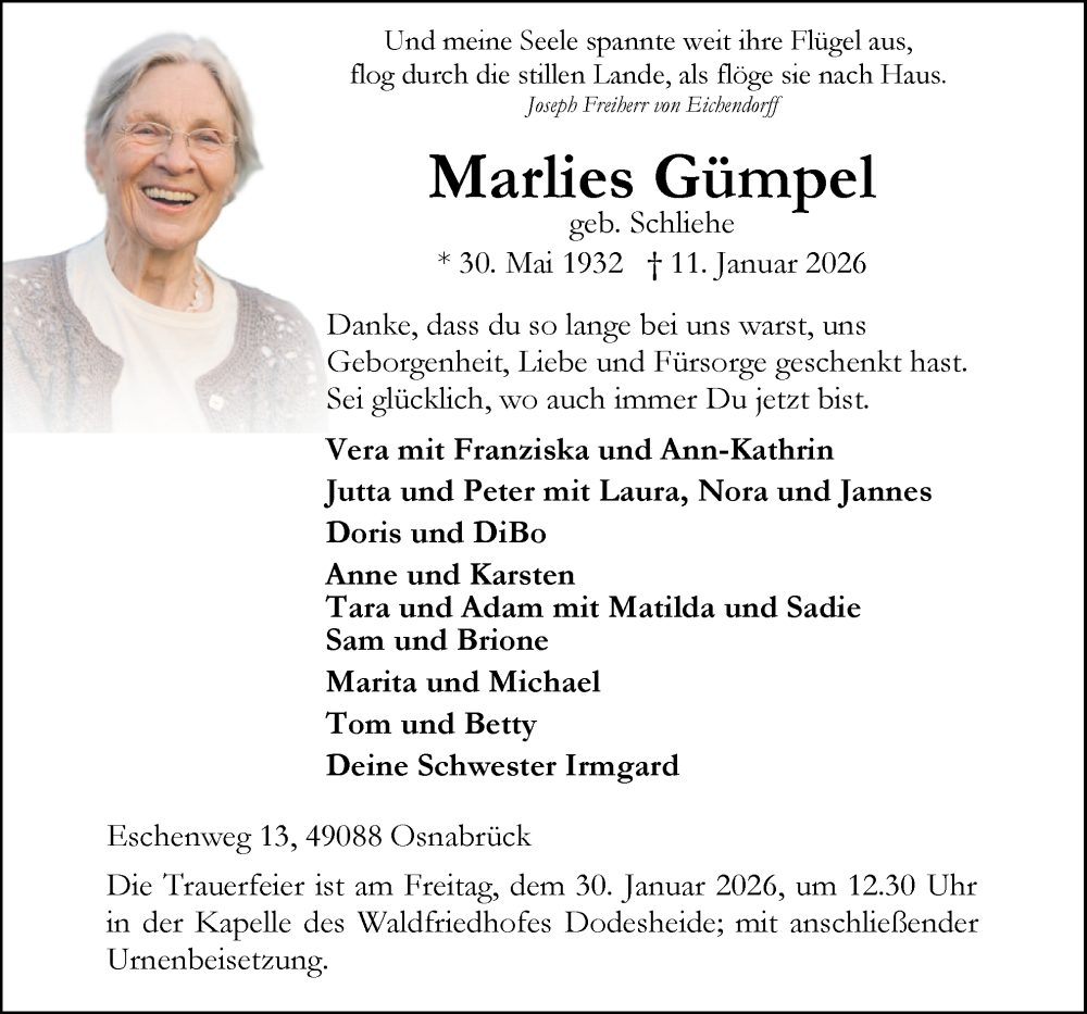  Traueranzeige für Marlies Gümpel vom 17.01.2026 aus Neue Osnabrücker Zeitung GmbH & Co. KG