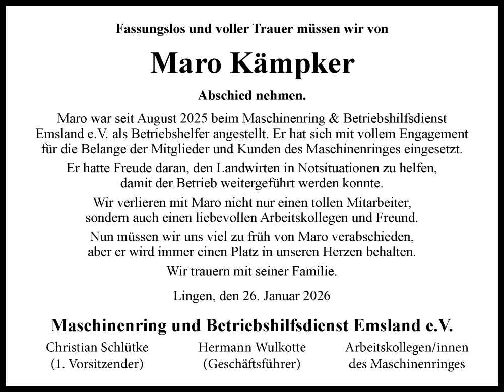  Traueranzeige für Maro Kämpker vom 28.01.2026 aus Neue Osnabrücker Zeitung GmbH & Co. KG