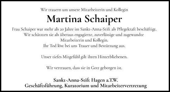 Traueranzeige von Martina Schaiper von Neue Osnabrücker Zeitung GmbH & Co. KG