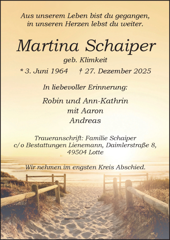 Traueranzeige von Martina Schaiper von Neue Osnabrücker Zeitung GmbH & Co. KG