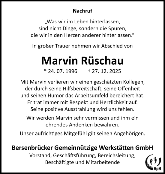 Traueranzeige von Marvin Rüschau von Neue Osnabrücker Zeitung GmbH & Co. KG