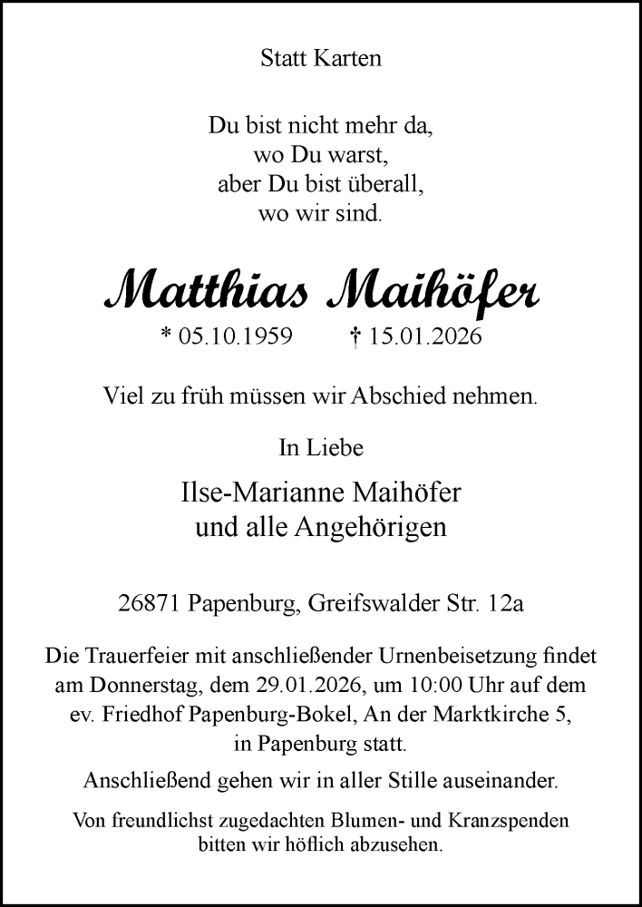  Traueranzeige für Matthias Maihöfer vom 24.01.2026 aus Neue Osnabrücker Zeitung GmbH & Co. KG