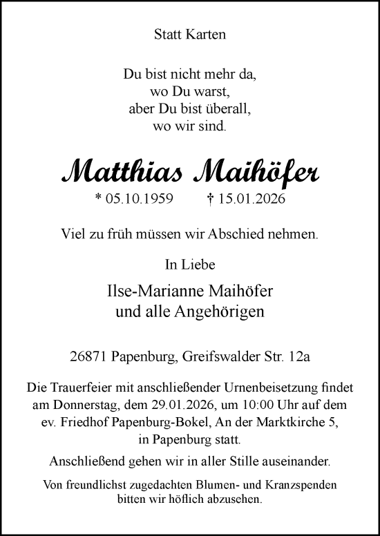 Traueranzeige von Matthias Maihöfer von Neue Osnabrücker Zeitung GmbH & Co. KG