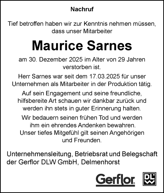 Traueranzeige von Maurice Sarnes von DK Medien GmbH & Co. KG