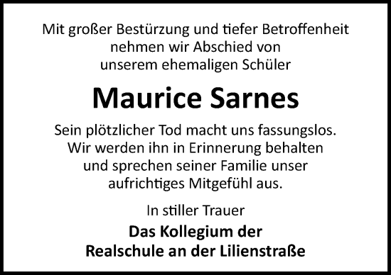 Traueranzeige von Maurice Sarnes von DK Medien GmbH & Co. KG