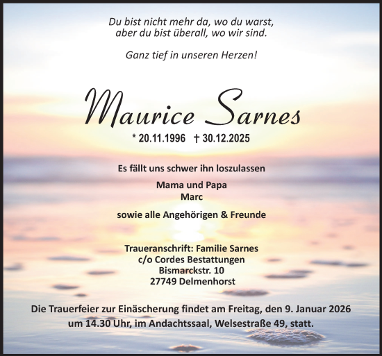 Traueranzeige von Maurice Sarnes von DK Medien GmbH & Co. KG