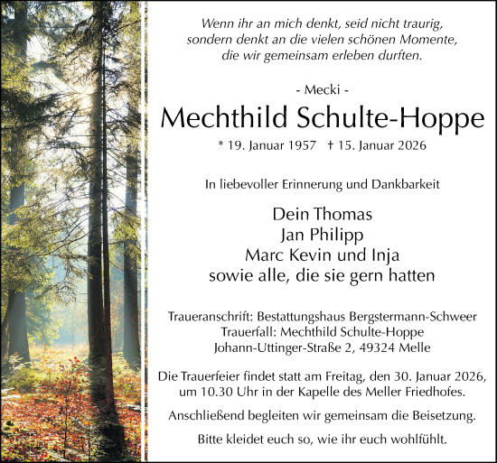 Traueranzeige von Mechthild Schulte-Hoppe von Neue Osnabrücker Zeitung GmbH & Co. KG