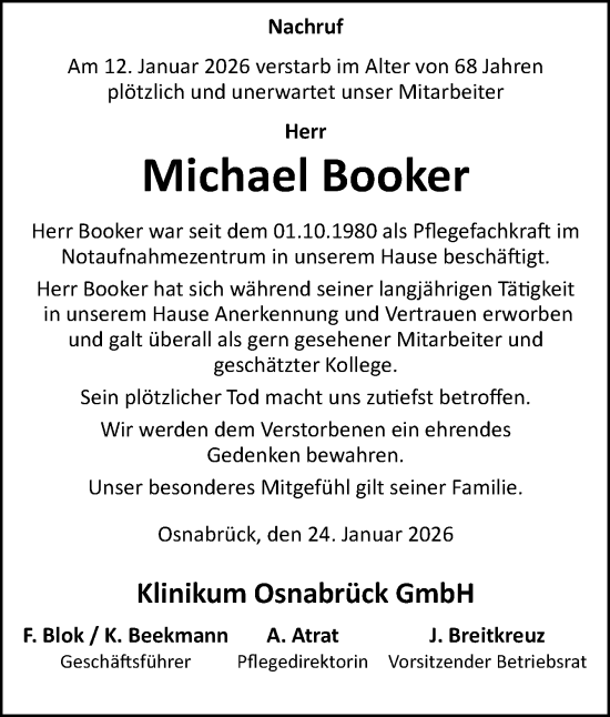 Traueranzeige von Michael Booker von Neue Osnabrücker Zeitung GmbH & Co. KG