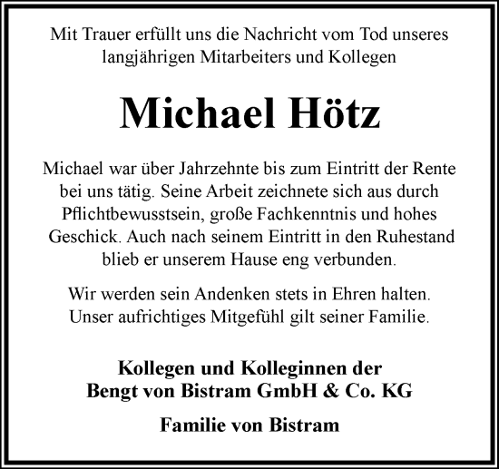 Traueranzeige von Michael Hötz von Neue Osnabrücker Zeitung GmbH & Co. KG