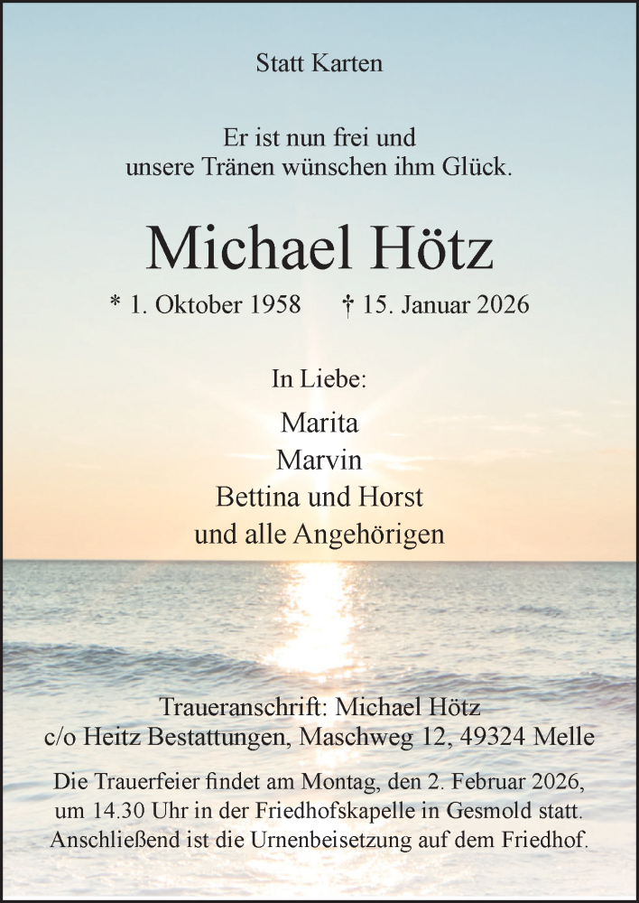  Traueranzeige für Michael Hötz vom 24.01.2026 aus Neue Osnabrücker Zeitung GmbH & Co. KG